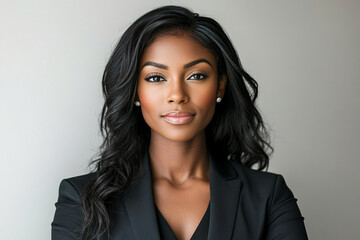 Obraz premium Confident woman in professional attire poses for a portrait in a neutral-toned setting