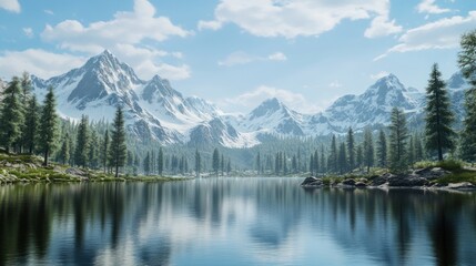 A serene mountain lake reflects the snow-capped peaks and evergreen forest under a cloudy sky