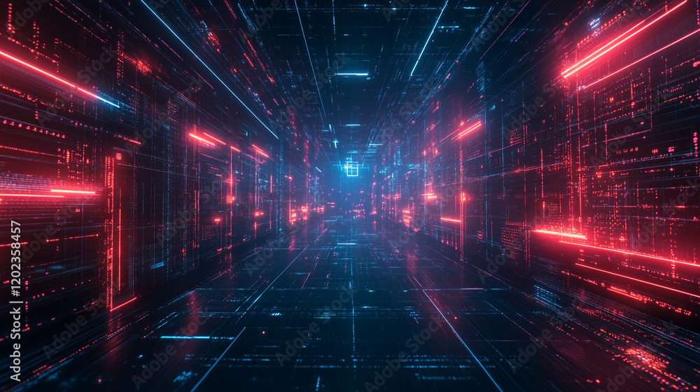 Poster high-tech corridor illuminated with red and blue lights in a futuristic setting