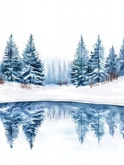 Watercolor winter forest with snow, pine trees, and lake reflection on a white background