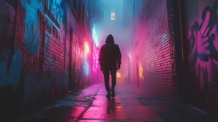 Gloomy alley in a cyberpunk city, neon lights illuminating graffiti walls, misty atmosphere, urban decay. Neon Graffiti Alley. Illustration