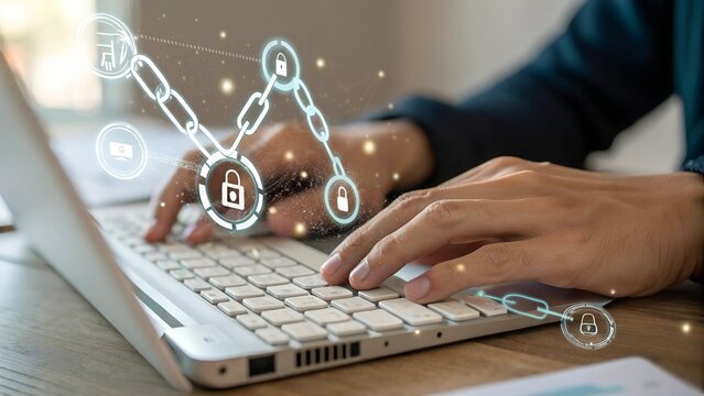 Fingers move swiftly across a keyboard as digital security icons illuminate the workspace. The setting suggests a focus on data protection and technology