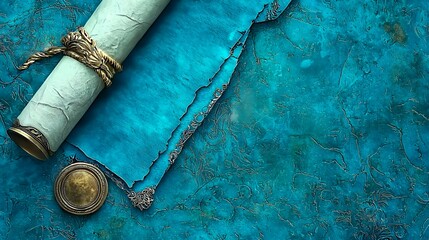 Antique Scroll and Seal on Teal Background: A Vintage Treasure