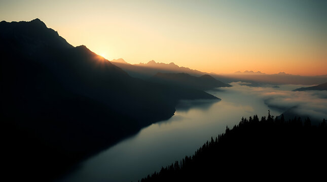 A high angle perspective of a serene mountain landscape at golden hour, mist and lake reflection, intense jet black tones, pure black, deep shadows