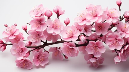 Pink cherry blossom flowers with delicate petals hanging on a tree branch, studio view.
