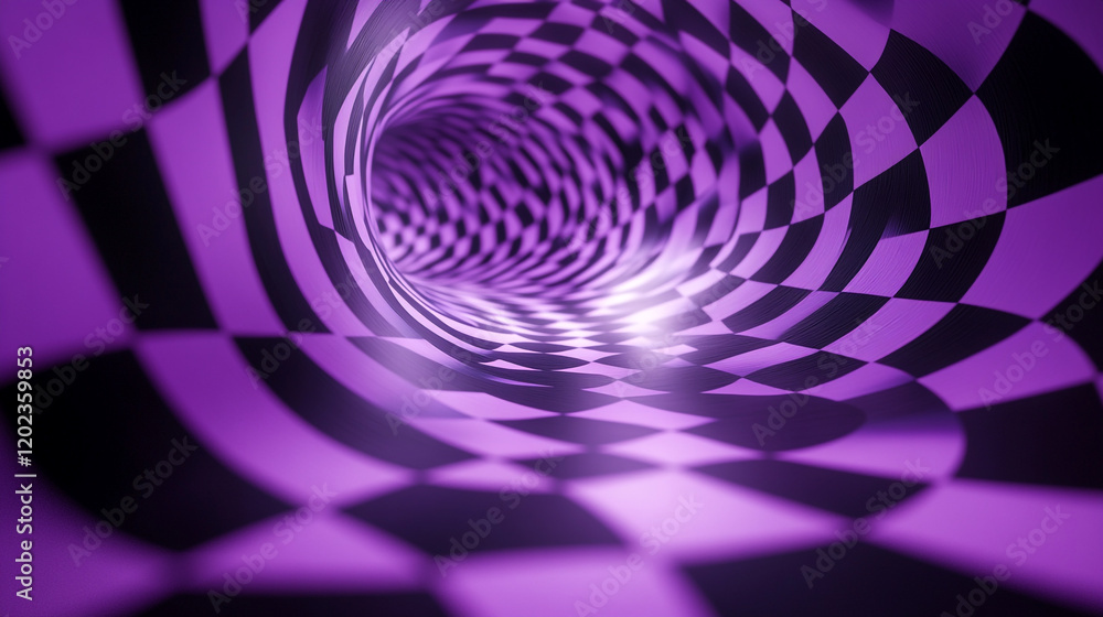 Poster unique abstract tunnel design with purple and black checkered patterns in a swirling motion
