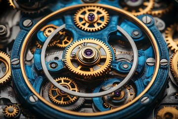 Intricate Golden Gears Inside a Blue Watch Mechanism