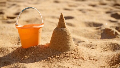 small sand castle, bucket, beach sand background, copy space 