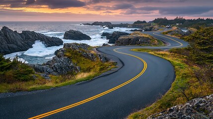 Coastal road curves at sunset, ocean waves crashing on rocks