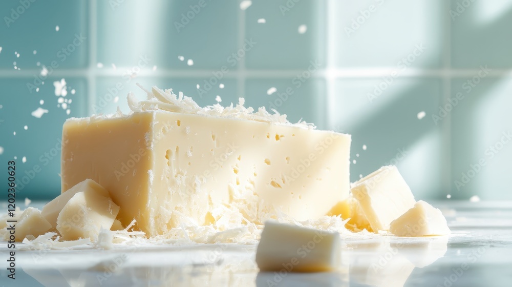 Poster this image captures a block of freshly shredded cheese, showcasing its texture with splashes and cru
