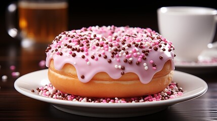 A freshly baked pink donut with sprinkles, resting on a rustic wooden plate, studio view.