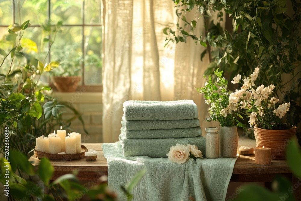 Poster soft towels arranged on a wooden table surrounded by greenery and candles in a serene home setting. 
