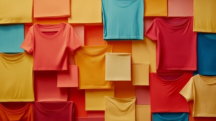 Colorful T Shirts Arranged in a Grid Pattern Showing Various Solid Hues and Textile Textures