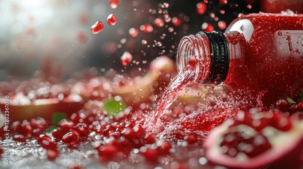 Poster an enticing scene of pomegranate juice erupting from a jar, creating splashes that symbolize freshne