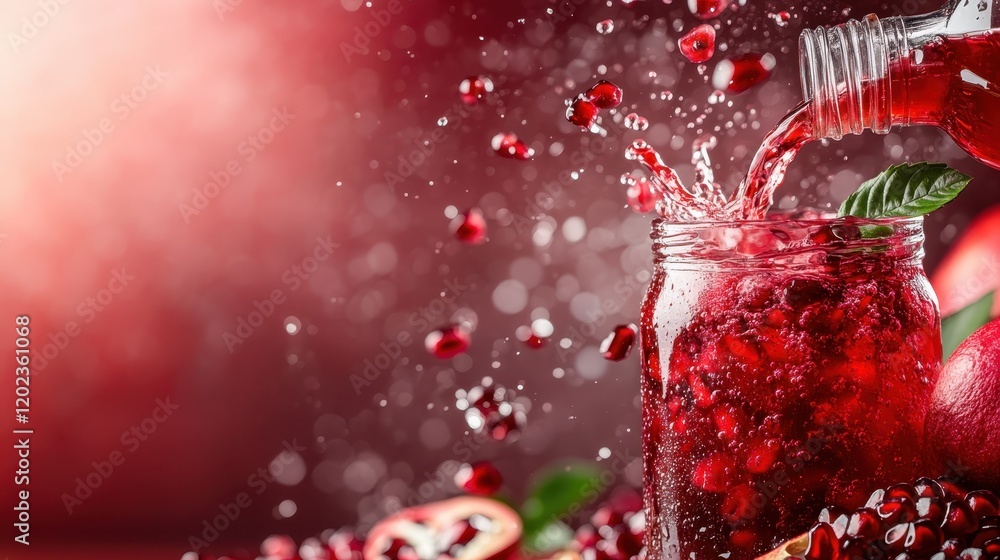 Poster highlighting the dynamic splash of pomegranate juice from a jar, this image conveys refreshment, vit