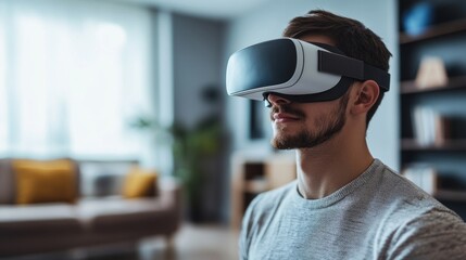 Young man using VR headset at home.