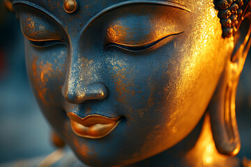 A golden Buddha glowing with radiant light, surrounded by intricate ornaments, symbolizing spiritual richness and harmony, with an aura of peace and enlightenment.