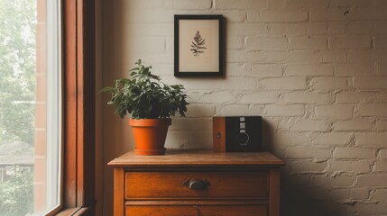 Wooden dresser with plant, picture frame, and speaker near window.