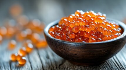 A visually stunning capture of fresh salmon roe presented in a rustic bowl, showcasing the vibrant orange hues and the natural beauty of this culinary delicacy.