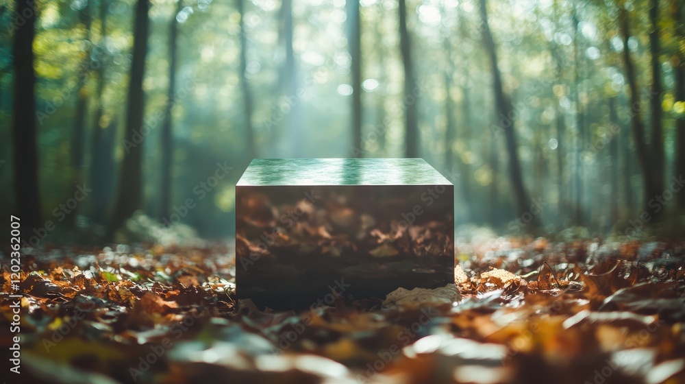 Poster a reflective cube resting on a carpet of autumn leaves captures the surrounding forest's essence, em