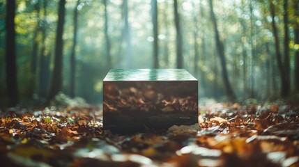 A reflective cube resting on a carpet of autumn leaves captures the surrounding forest's essence, embodying a blend of nature and abstract forms that intrigue the viewer.
