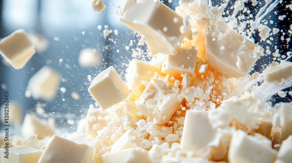 Poster an intriguing image showing squares of creamy butter splashing in the air, capturing the chaotic yet