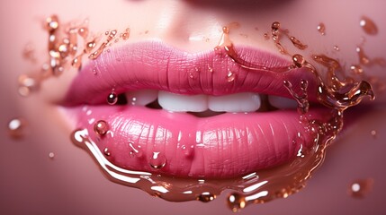 A luxurious tube of pink gold lip gloss with a shiny cap, set on a neutral surface, studio view.
