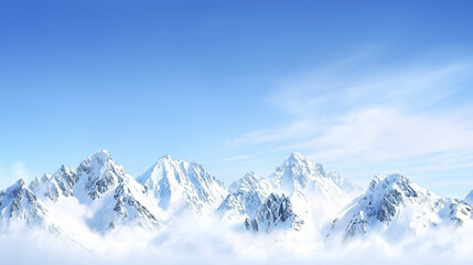 Majestic snowcapped mountains rise above clouds under clear blue sky