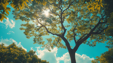 Fototapeta premium Sunlight filtering through lush green tree leaves in a serene park setting