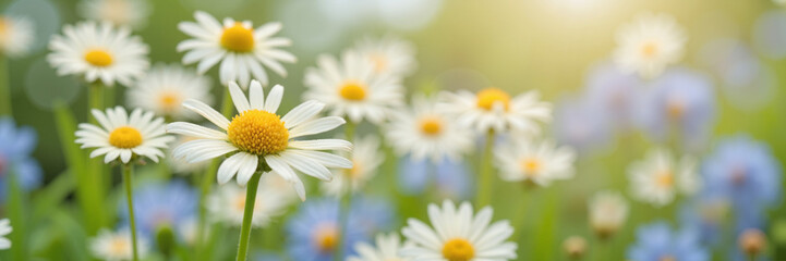 Fototapeta premium White daisies blooming in a sunny meadow 