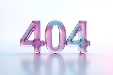 Error 404, gradient translucent glass molten body, caustics laser effect, clear minimalist glowing glass on white background, industrial design, trendy iridescent neon texture, page not found banner