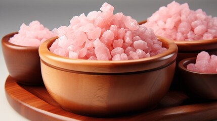 Fine-grain pink Himalayan salt in a polished wooden bowl, perfect for delicate dishes, studio view.