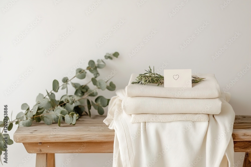 Poster soft, white towels are stacked on a rustic wooden table, complemented by a sprig of greenery and a s