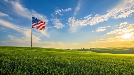 America flag soaring high on a flagpole surrounded by rolling green fields
