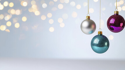 Bright and colorful Christmas ornaments hang against soft bokeh background, creating festive atmosphere