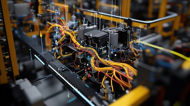 A detailed image of wiring and sensors installed on an assembly line robot with a digital overlay indicating the control parameters and performance analytics from its digital twin. - Powered by Adobe