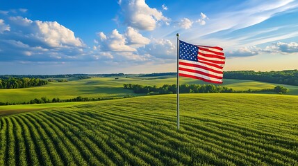America flag soaring high on a flagpole surrounded by rolling green fields