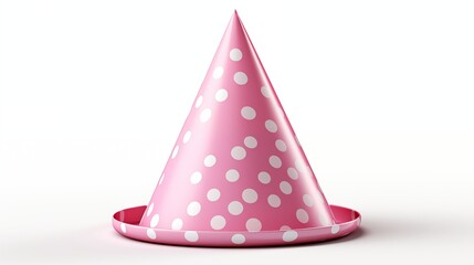 A playful pink party hat decorated with white polka dots, perfect for celebrations, studio view.