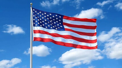 Obraz premium America flag waving gently on a flagpole with serene open skies above