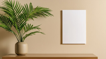 Minimalist interior featuring blank canvas and green plant in beige setting. Perfect for modern decor inspiration