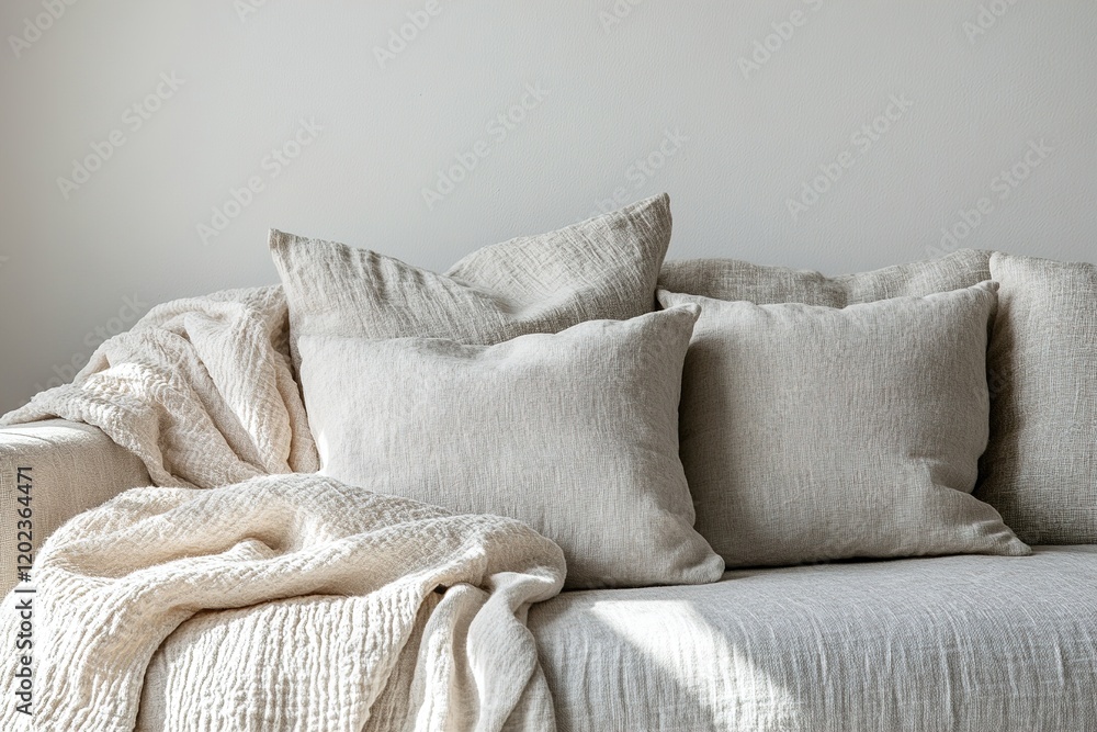 Poster a comfortable sofa adorned with multiple textured pillows and a soft throw blanket creates a warm in