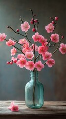 Pink cherry blossoms arranged in a glass jar showcase their delicate beauty on a wooden table
