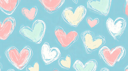 Blue background with hearts in different colors and sizes