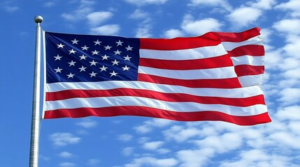 Fototapeta premium America flag fluttering on a flagpole as the morning sun rises