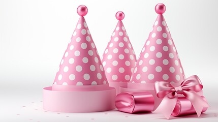 Bright pink party hat with white polka dots, adding fun to any festive occasion, studio view.