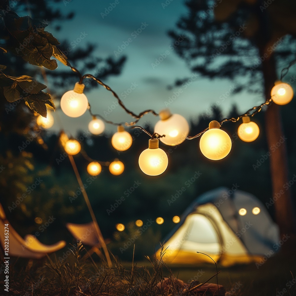 Poster cozy campsite illuminated by string lights at dusk with a tent in the background. generative ai