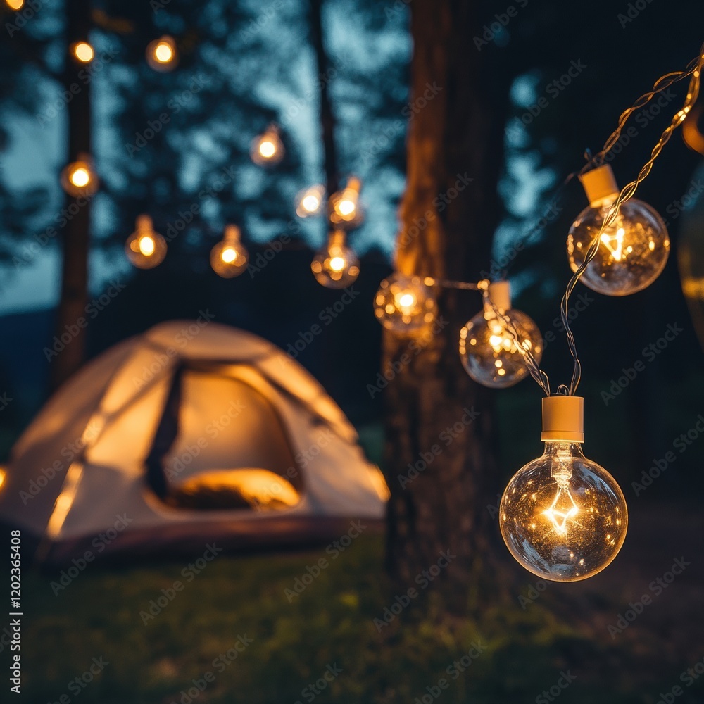 Poster beautifully lit campsite at dusk with glowing string lights and a cozy tent in the background. gener