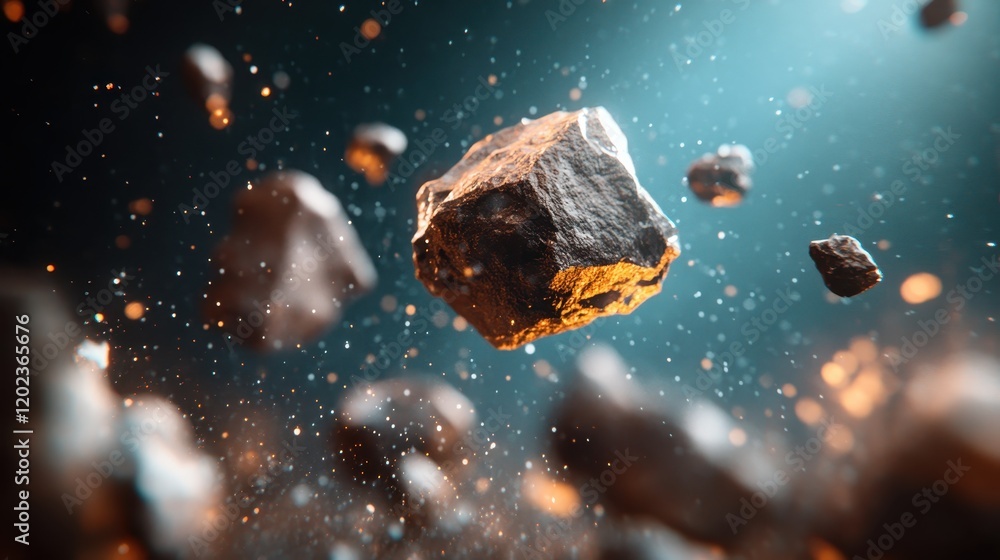 Poster this striking image captures floating asteroids in space, surrounded by colorful cosmic dust and ill