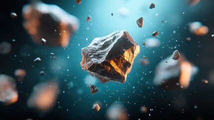 A single floating rock in a surreal, cosmic environment, surrounded by shimmering particles and light, evoking feelings of wonder and the mysteries of the universe.