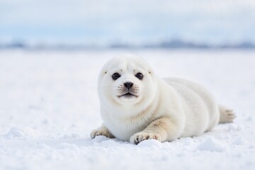 Obraz premium Fluffy white baby seal with innocent eyes lying on snowy landscape, showcasing its pure nature. Wildlife photography concept